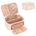 OCHEAL Makeup Bag, Multifunctional Make Up Bags Large Compact Makeup Bag Organizer Cosmetics Toiletry Brushes Storage Case for Women Girls Makeup Case with Handle Divider- Beige