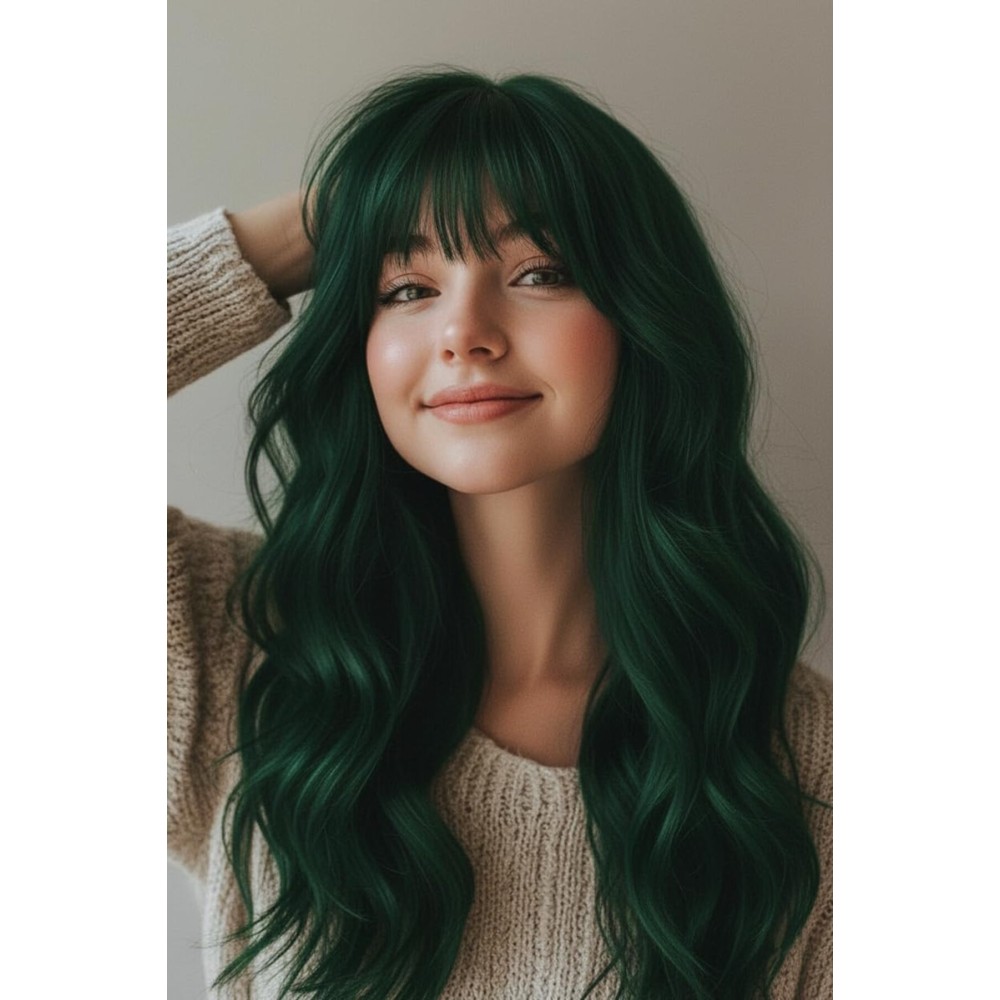 SYMEIW 24 Inch Forest Green Wavy Wig with Bangs, Heat Resistant Synthetic Hair for Women, Adjustable Cap with Snap Clips for Daily Use, Wedding, Cosplay