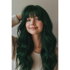 SYMEIW 24 Inch Forest Green Wavy Wig with Bangs, Heat Resistant Synthetic Hair for Women, Adjustable Cap with Snap Clips for Daily Use, Wedding, Cosplay