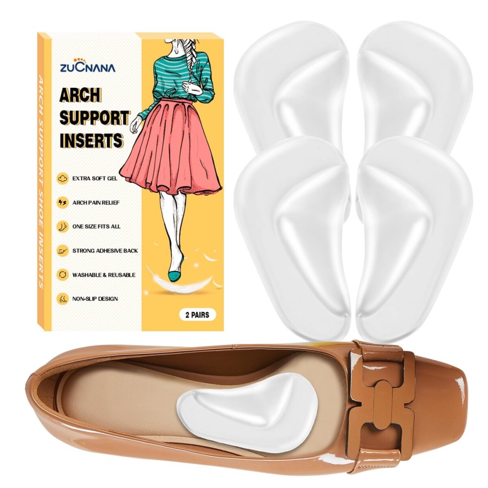 ZUCNANA Arch Support Inserts for Women Flat Feet (2 Pairs Clear), Soft Gel Arch Support Insoles for Plantar Fasciitis, Reusable Arch Pads for Foot Pain Relief, One Size Fits Any