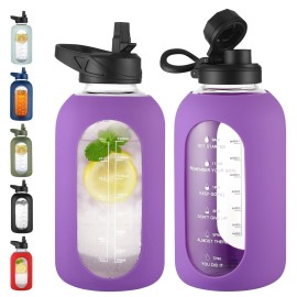 CIVAGO 64 oz Glass Water Bottle Jug with Straw and Handle, Half Gallon Sports Motivational Water Bottle with Time Marker, Wide Mouth Water Flask Canteen with Silicone Sleeve for Gym, Lilac