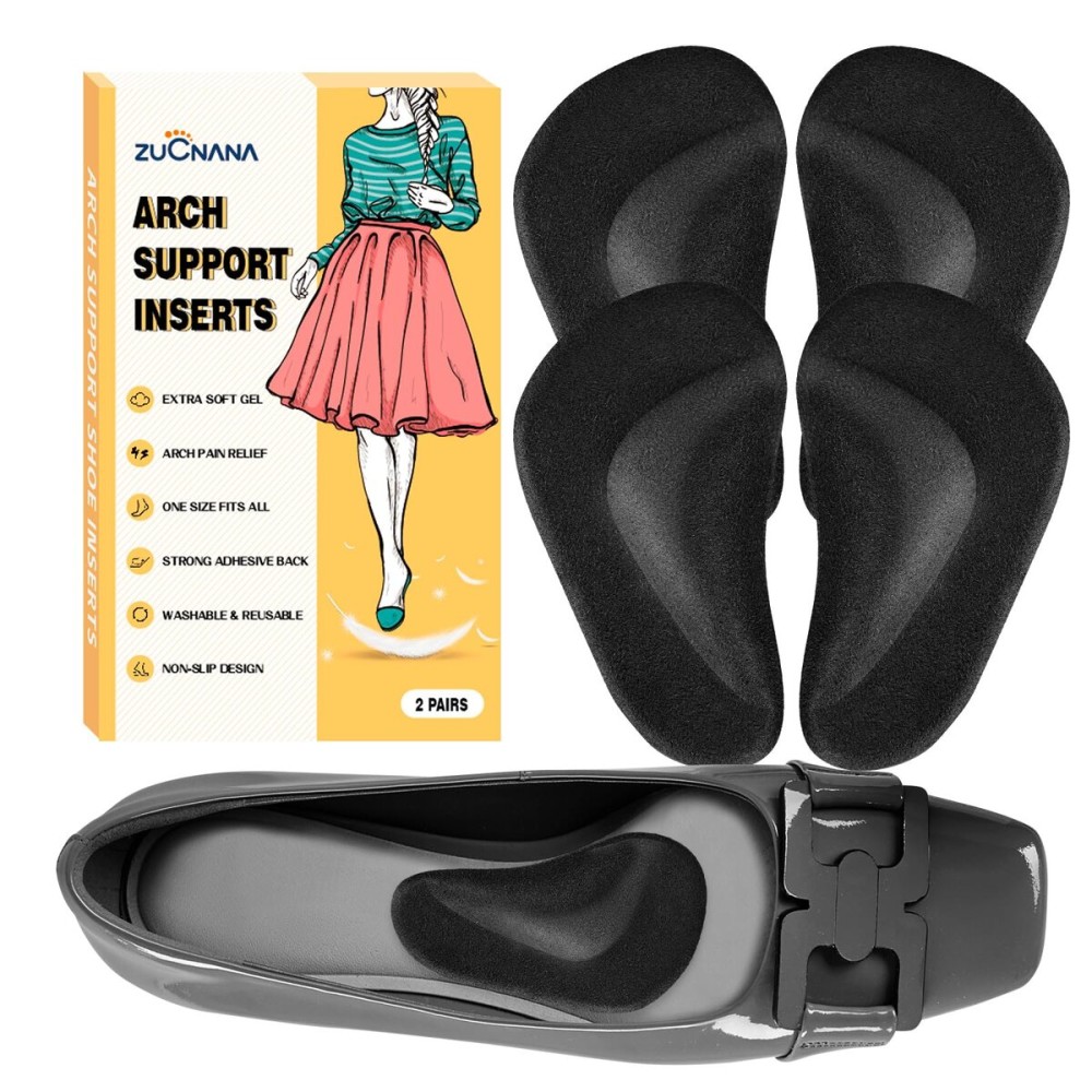 ZUCNANA Arch Support Inserts for Women Flat Feet (2 Pairs Black), Soft Gel Arch Support Insoles for Plantar Fasciitis, Reusable Arch Pads for Foot Pain Relief, One Size Fits Any