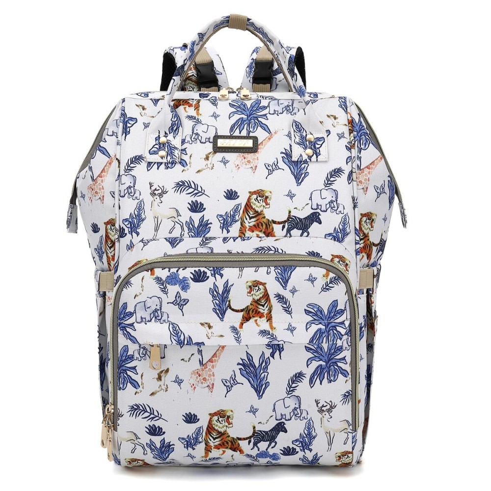 Diaper Bag Backpack, Diaper Bags for Baby Girls Boys, Baby Bags for Moms Dads, Nappy Changing Bag with Insulated Pockets,Multi-functional Waterproof Backpack with Stroller straps-Animal World White