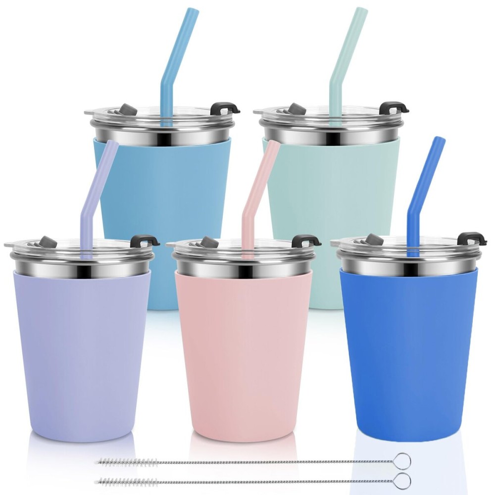Vermida Kids Cups with Straws and Lids, 5 Pack 12oz Spill Proof Toddlers Straw Cup with Lid, Stainless Steel Kid Cups with Lids for School, Outdoor, Multicolor