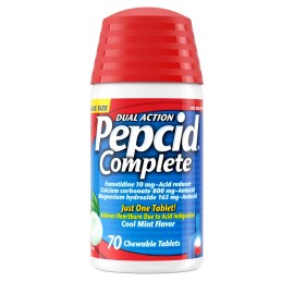 Pepcid Complete Acid Reducer + Antacid Chewables, 10mg Famotidine, 800mg Calcium Carbonate & 165mg Magnesium Hydroxide per Heartburn Medicine Tablet, Antacid Chews, Mint, 70 ct