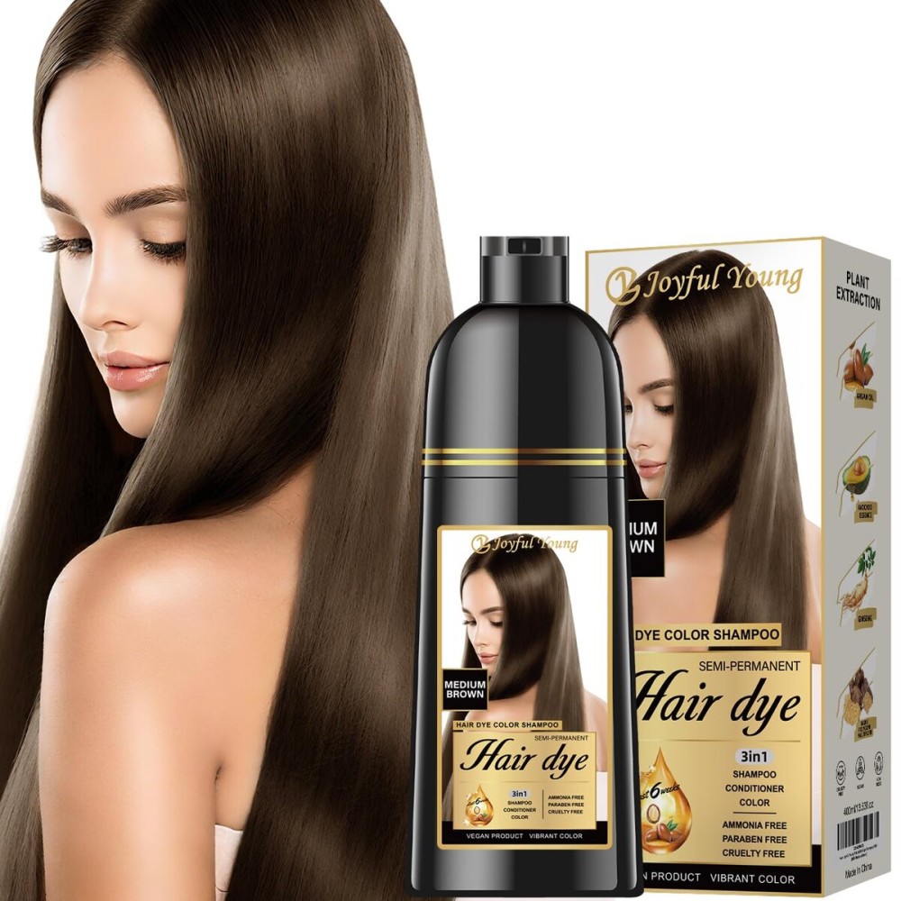 Joyful Young Natural Color Hair Dye Shampoo 3 IN 1, Instant Hair Coloring, Gray Coverage for Men & Women, Beard Dye Vegan Ammonia Free & Paraben-Free, Champ Para Canas Mujer & Hombre (MEDIUM BROWN)