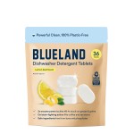 BLUELAND 100% Plastic-Free Dishwasher Detergent Tablets, 36 Count, Lemon Zest Scent, Eco Friendly Dishwashing Pods, Natural, USDA Certified biobased