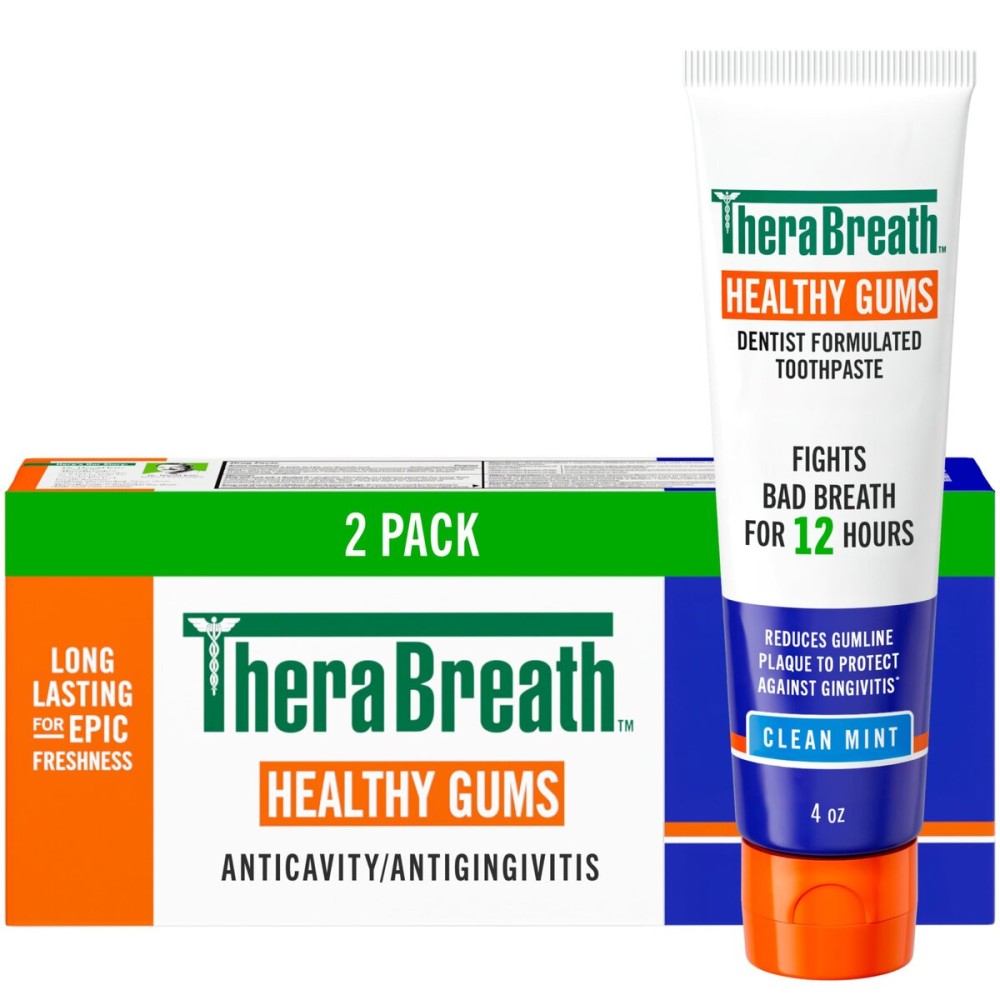TheraBreath Healthy Gums Toothpaste, Fights Bad Breath for 12 Hours, with Stannous Fluoride for Anticavity & Gingivitis Protection, Clean Mint, 4 Oz, 2-Pack