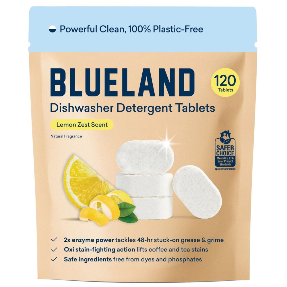 BLUELAND 100% Plastic-Free Dishwasher Detergent Tablets, 120 Count, Lemon Zest Scent, Eco Friendly Dishwashing Pods, Natural, USDA Certified biobased