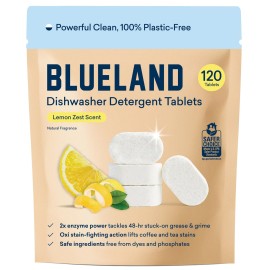 BLUELAND 100% Plastic-Free Dishwasher Detergent Tablets, 120 Count, Lemon Zest Scent, Eco Friendly Dishwashing Pods, Natural, USDA Certified biobased