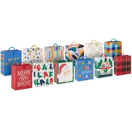 Hallmark Bulk Gift Card Holder Bag Assortment (12 Bags 4: Plaid, Santa, Flowers, Hearts, Rainbow Stripes, Treat Yule-self!) for Christmas, Birthdays, Weddings, Mother\'s Day