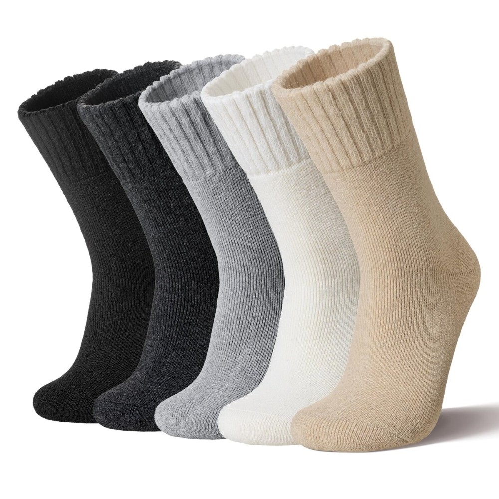 Velice Women Wool Socks Thick Thermal Hiking Warm Winter Crew Cushion Cozy Work Boot Socks 5 Pairs(Grey/Black/Light Khaki/White)