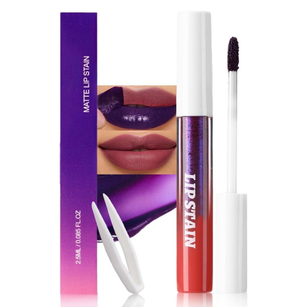 evpct Deep Mauve Red Peel Off Lip Stain Tints with Tweezer, Matte Liquid Lipstick Lip Stain Long Lasting Waterproof for Women, Non-stick Cup Lipstick Peel Off High Pigment Smudge-proof Easy Apply, 01