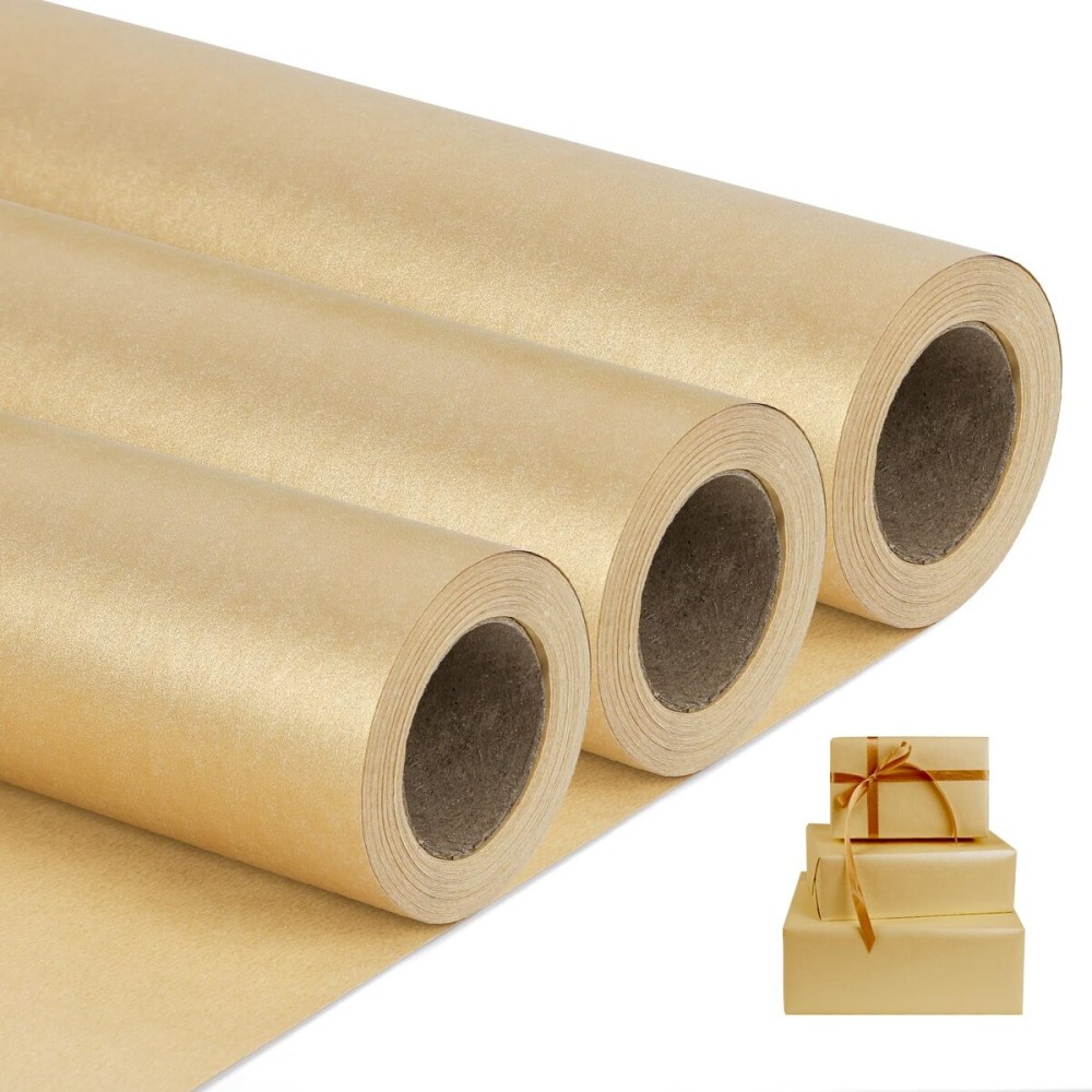 NESCCI Gold Matte Wrapping Paper,Solid Color Pearly-Lustre Paper-3 Roll,17 Inches X 32.8 Feet Per roll.Gift Wrapping Paper,Perfect for Wedding,Valentine\'s Day,Birthday, Christmas,Baby Shower