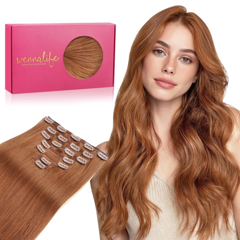 WENNALIFE Clip in Hair Extensions Real Human Hair, 16 Inch 120g 7pcs Cinnamon Terra Copper Remy Hair Straight Natural Extensiones De Cabello Humano Con Clip Ins