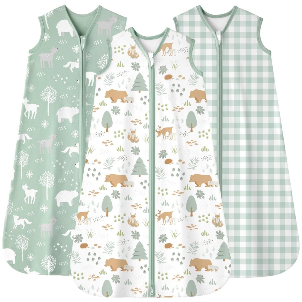 FIEMOL Baby Sleep Sack 0-6 months, 100% Cotton Sleeping Sack for Newborn and Infant, 3 Pack Baby Wearable Blanket, 0.5 Tog Lightweight Double Zipper Sleep Bag Small Green Forest Bear