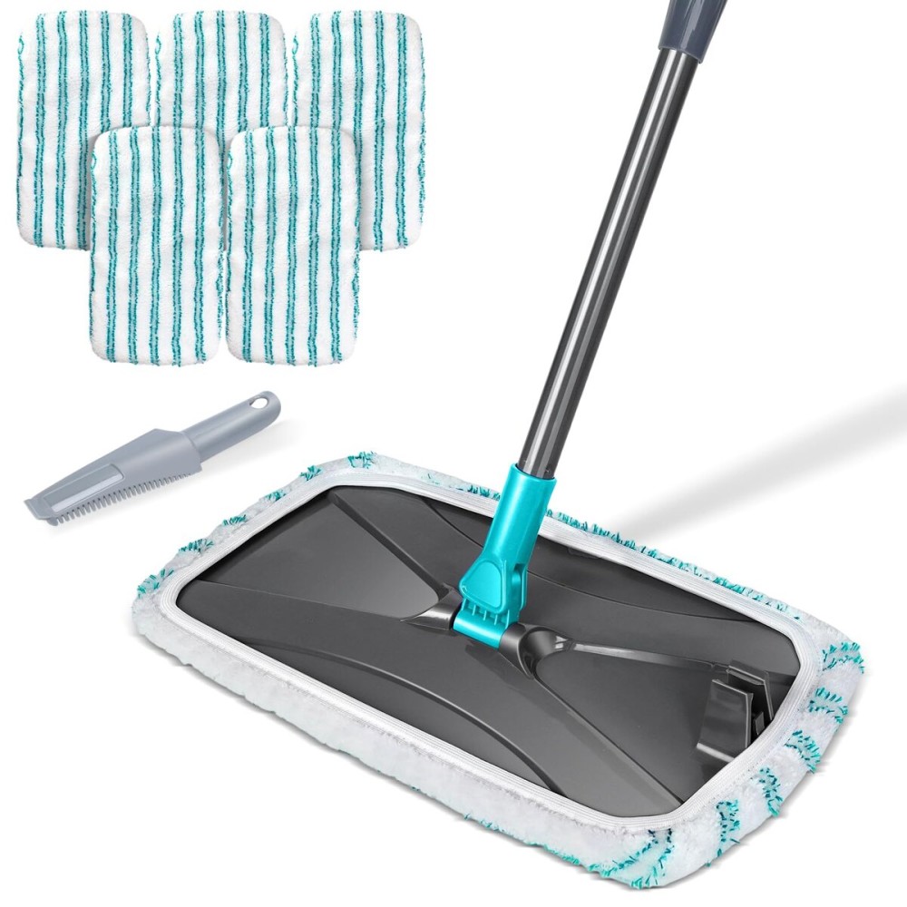 MASTERTOP Microfiber Flat Mop, Extra Large Surface Dust Mop with 5 Wet & Dry Reusable Pads, Hardwood Mops with Telescopic Handle for Laminate, Tile, Vinyl Floor Cleaning, 1 Cleaning Scraper