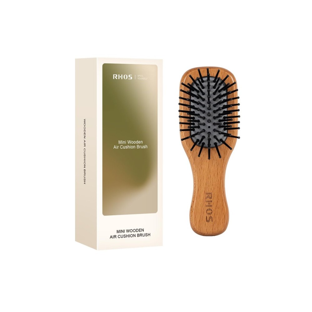 RHOS Mini Hair Brush for Women,Men and Kids-Travel Size Hair Brush for Purse,Pocket,backpack-Small Cushion Paddle Brush with Soft Bristles-Mini Detangler Brush for All Hair Types(1 Pack-Beech)