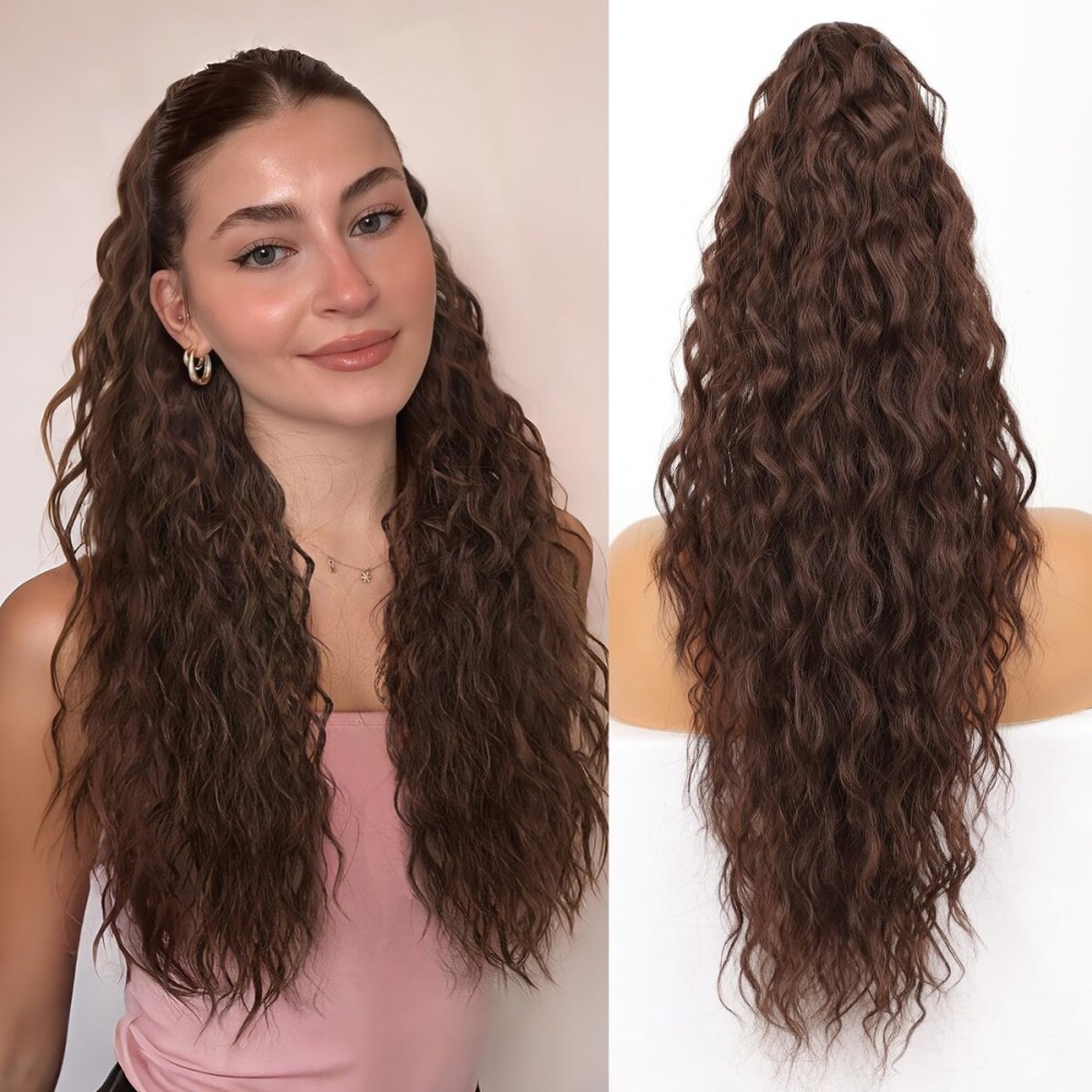 ORSUNCER Ponytail Extension Claw 22 Curly Pony Tail Clip in Claw Hair Extensions Fluffy Natural Looking Synthetic Hairpiece for Women Medium Brown