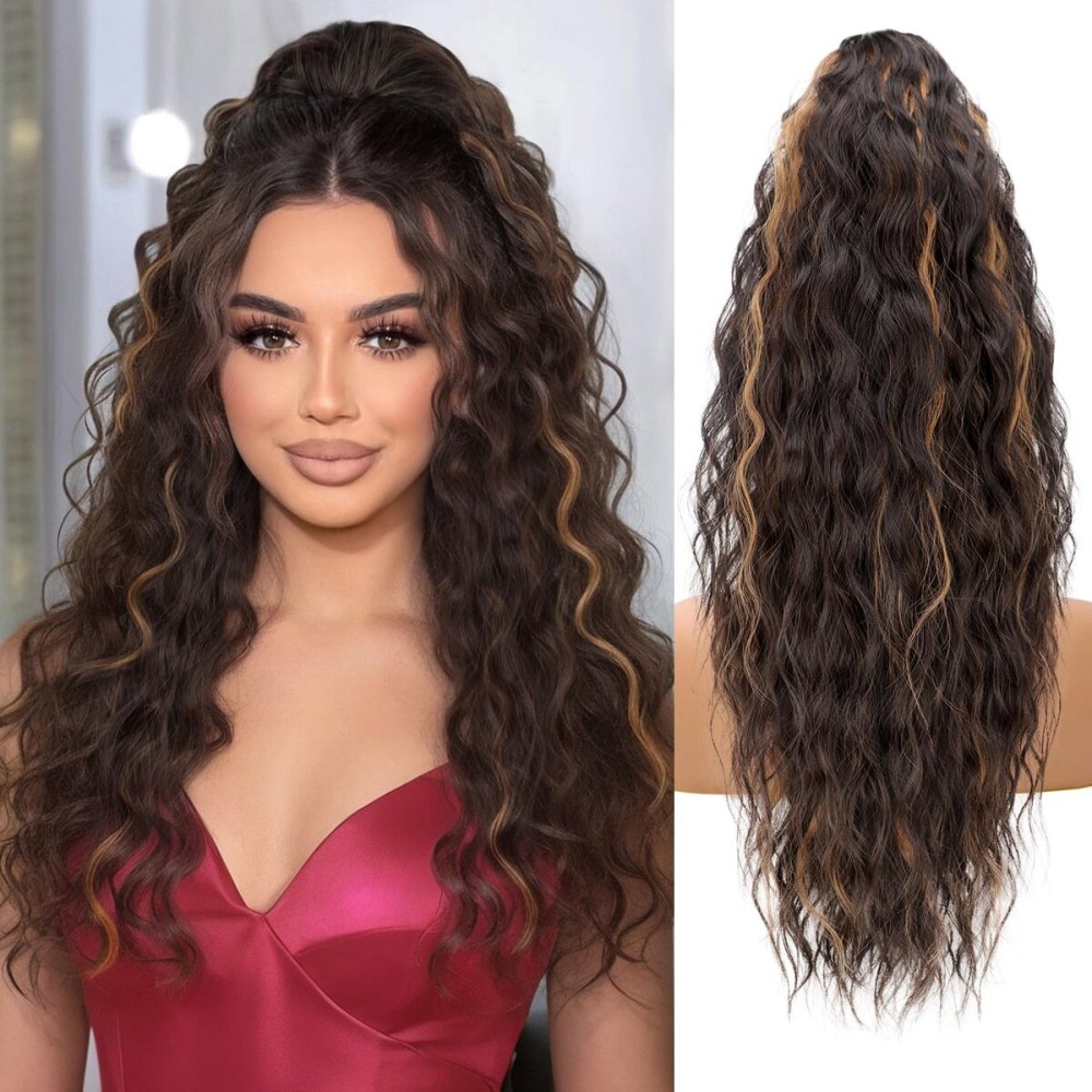 ORSUNCER Ponytail Extension Claw 22 Curly Pony Tail Clip in Claw Hair Extensions Fluffy Natural Looking Synthetic Hairpiece for Women Brown with Blonde Highlights