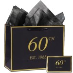 momoake 60th Birthday Gift Bag with Card and Tissue Paper for Men Women, 1965 60 Year Old 13 Elegant Black Gold Anniversary Keepsake Party Present Shopping Paper Bags for Gifts Wrapping