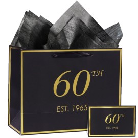 momoake 60th Birthday Gift Bag with Card and Tissue Paper for Men Women, 1965 60 Year Old 13 Elegant Black Gold Anniversary Keepsake Party Present Shopping Paper Bags for Gifts Wrapping
