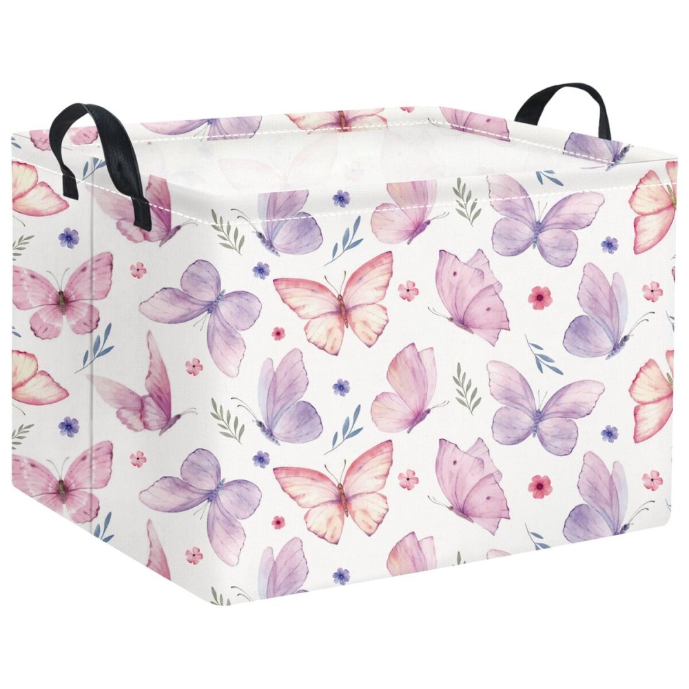 HIYAGON Rectangular Pink Basket for Girls Kids Baby Storage Basket Toy Storage Bin Organizer Box Room Decor(Watercolor Butterfly)