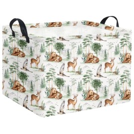 HIYAGON Rectangular Storage Basket Collapse Canvas Fabric Cartoon Bin Organizer Box with Handles for Organizing Home Kitchen Room Decor(Woodland Animal)