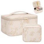 OCHEAL Makeup Bag Set, Portable Travel Makeup Bags Cosmetic Organizer Bag for Women Cute Floral Cosmetic Pouch Large Capacity Make up Bag PU Leather Toiletry Bags with Divider and Handle-Beige