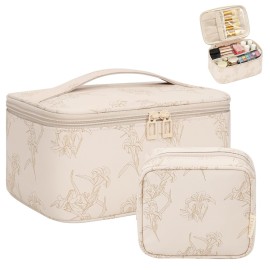 OCHEAL Makeup Bag Set, Portable Travel Makeup Bags Cosmetic Organizer Bag for Women Cute Floral Cosmetic Pouch Large Capacity Make up Bag PU Leather Toiletry Bags with Divider and Handle-Beige