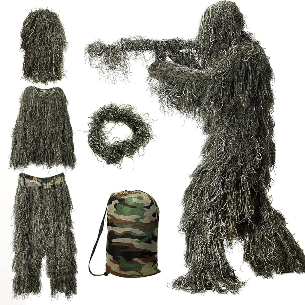 DoCred 5 in 1 Ghillie Suit, 3D Camouflage Hunting Apparel w/Jacket, Pants, Hood, Carry Bag for Adults/Youth, S/M/L/XL/XXL