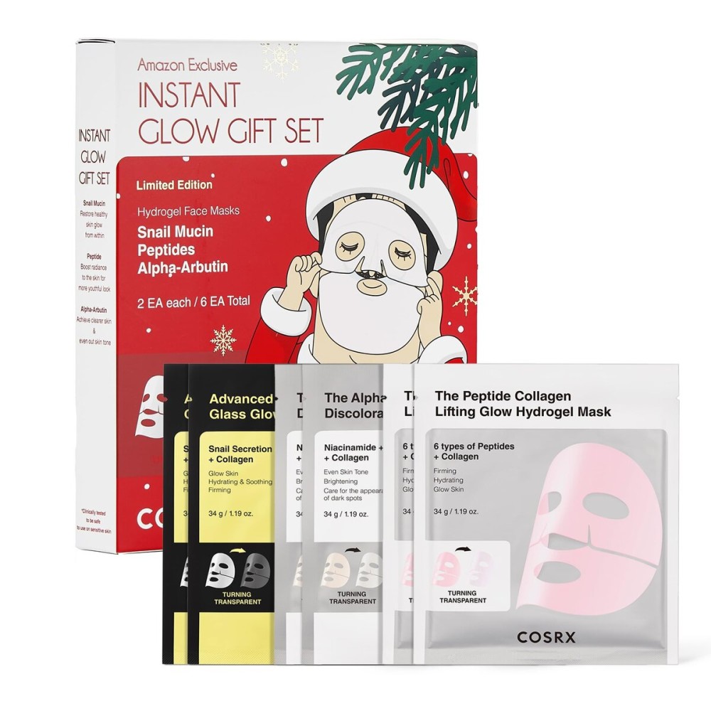 COSRX Glow-Boosting Face Mask Limited Holiday Gift Set 6ea, Snail Mucin, 6 Peptides & Alpha-arbutin for Glass skin, Collagen Face Mask, Korean Skin Care Set, Stocking Stuffers, Amazon Exclusive