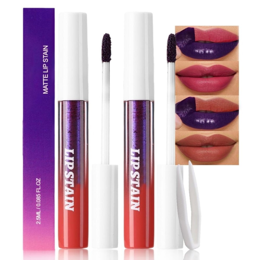 evpct 2Pcs Mauve Red & Nude Brown Peel Off Lip Stain Tints, Matte Liquid Lipstick Lip Stain Long Lasting Waterproof for Women, Longwear Lipstick Peel Off High Pigment Smudge-proof Easy Apply 02 & 04