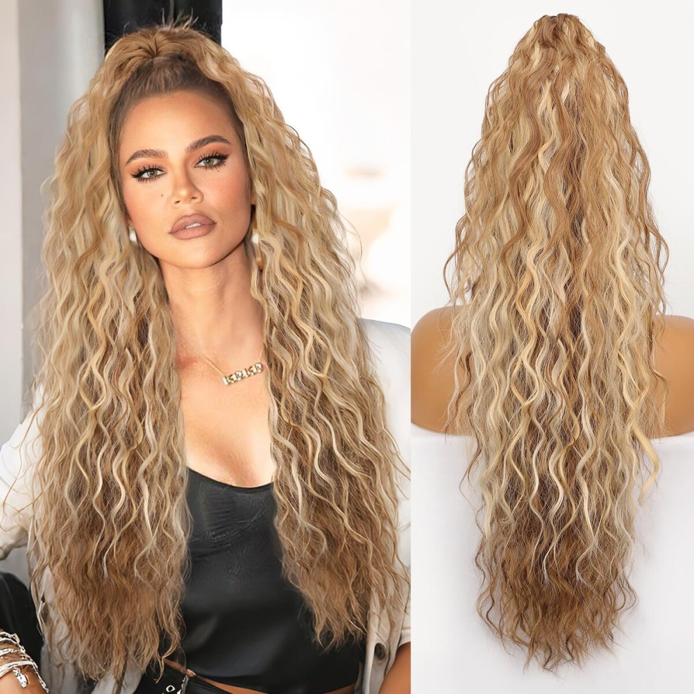 ORSUNCER Ponytail Extension Claw 22 Curly Pony Tail Clip in Claw Hair Extensions Fluffy Natural Looking Synthetic Hairpiece for Women Light Brown Mix Lignt Blonde