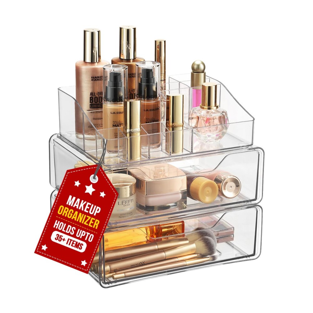 Masirs Clear Makeup Organizer - Acrylic Cosmetic Vanity Storage Organizers for Girls Dresser, Bathroom, Desk Counter - Plastic Make Up Holder, Jewelry Box (2-Drawer | Multi Compartments)