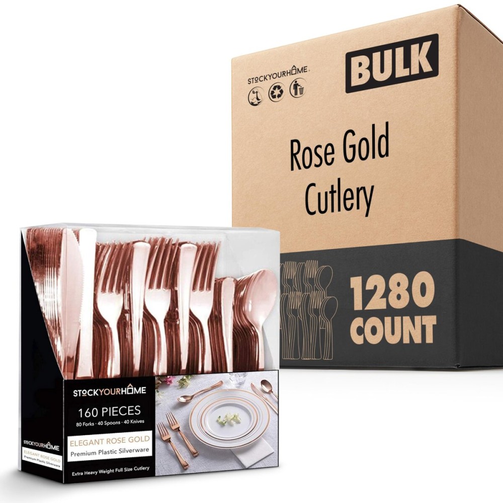 Rose Gold Plastic Silverware Set (1280 Bulk Pack) Disposable Cutlery Utensils, 80 Forks, 40 Knives, 40 Spoons, Heavy Duty Rose Gold Flatware For Holidays, Parties, Dinners, Weddings, and Occasions