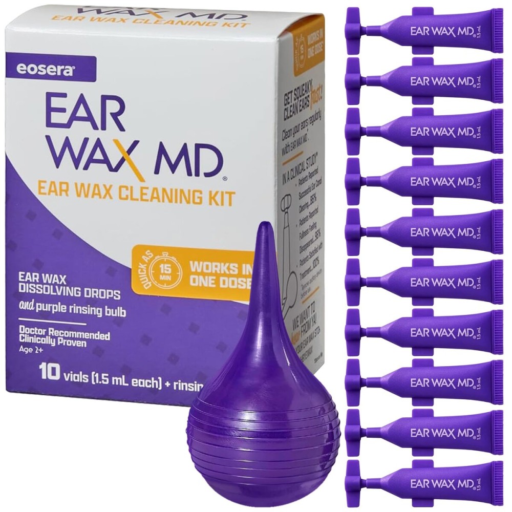eosera Ear Wax MD Cleaning Kit - Fast-Acting Ear Wax Removal Drops & Rinse Bulb - Doctor Recommended, Clinically Proven Earwax Dissolver for Adults & Kids - Works in 15 Minutes - 10 Vials