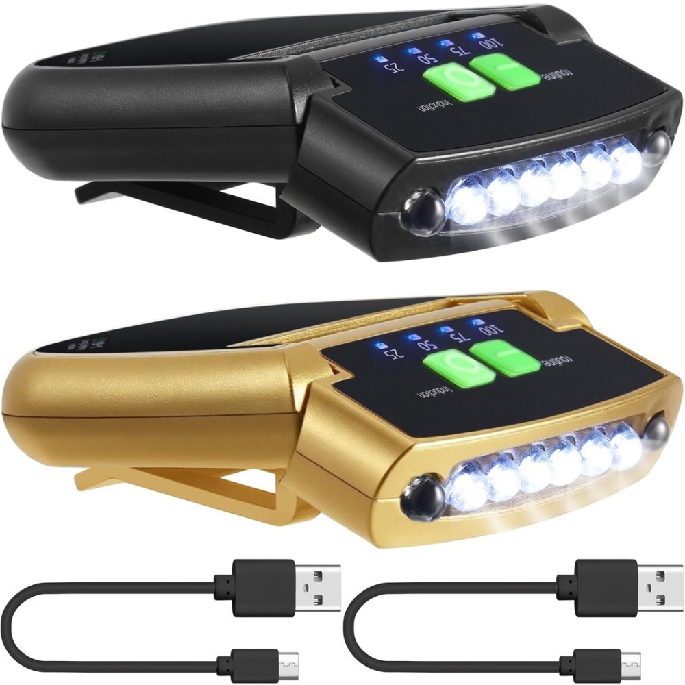 Mudder 2 Pieces LED Clip on Cap Lights USB Rechargeable Cap Flashlight Clip Waterproof Ultra Bright Hat Flashlight Headlamp for Fishing Camping Hand Work (Black,Gold)