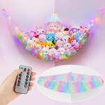 Unicorn Castle Stuffed Animals Net Hammock Kids Toy Storage with LED Light Plush Toy Organizer Corner Hanging Stuffed Animals Holder For Nursery Kids Girls Room Decor