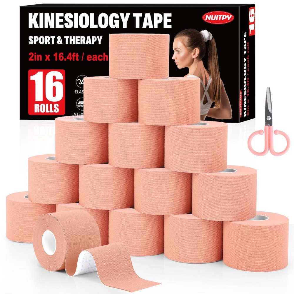 16 Rolls Kinesiology Tape, 2 inch x 16.4 Feet Waterproof Athletic Tape, Uncut Kinetic Tape, Elastic Muscle Tape, Sports Tape, Knee Tape for Exercise and Daily Use - Skin Color