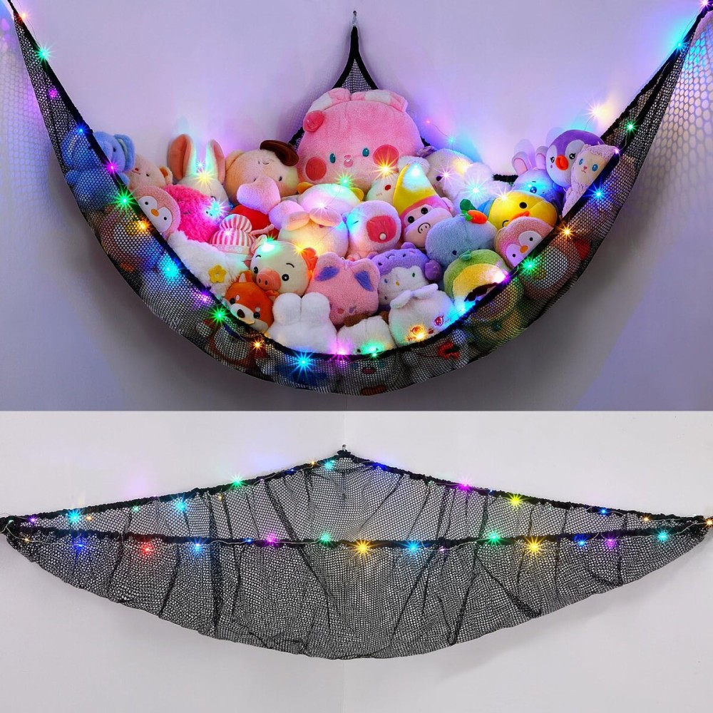 Unicorn Castle Stuffed Animals Net or Hammock Kids Toy Storage Organizer with LED Light Hanging Corner Stuffed Animals Holder Kids Girls Room Decor,Black,XLarge (Pack of 1)