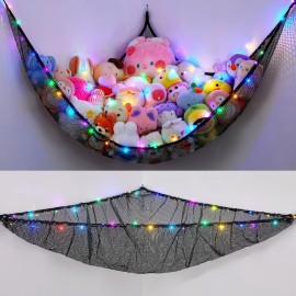 Unicorn Castle Stuffed Animals Net or Hammock Kids Toy Storage Organizer with LED Light Hanging Corner Stuffed Animals Holder Kids Girls Room Decor,Black,XLarge (Pack of 1)