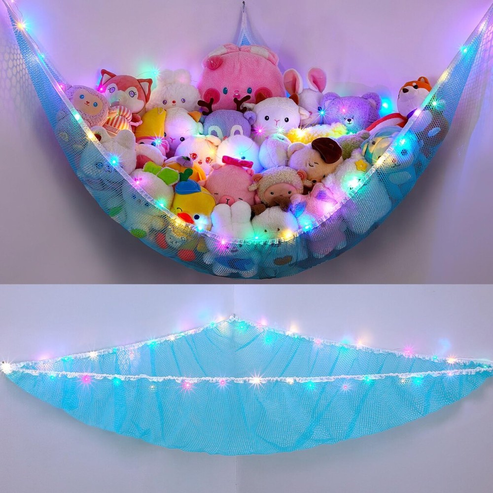Unicorn Castle Stuffed Animals Net or Hammock Kids Toy Storage Organizer with LED Light Hanging Corner Stuffed Animals Holder Kids Girls Room Decor,Blue,XLarge (Pack of 1)
