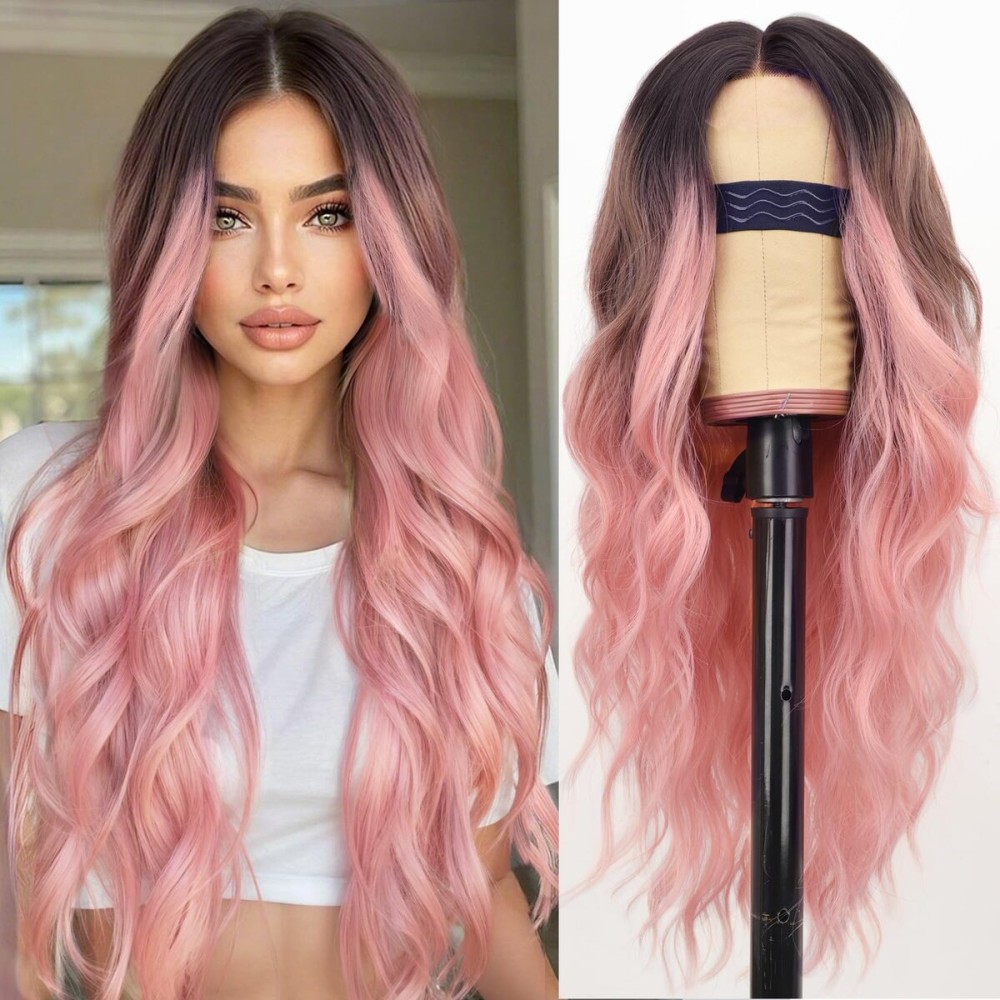 AISI HAIR Ombre Pink Wig for Women, Long Wavy Lace Hairline Middle Part Synthetic Heat Resistant Wig for Daily Party-26 Inch