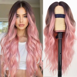 AISI HAIR Ombre Pink Wig for Women, Long Wavy Lace Hairline Middle Part Synthetic Heat Resistant Wig for Daily Party-26 Inch