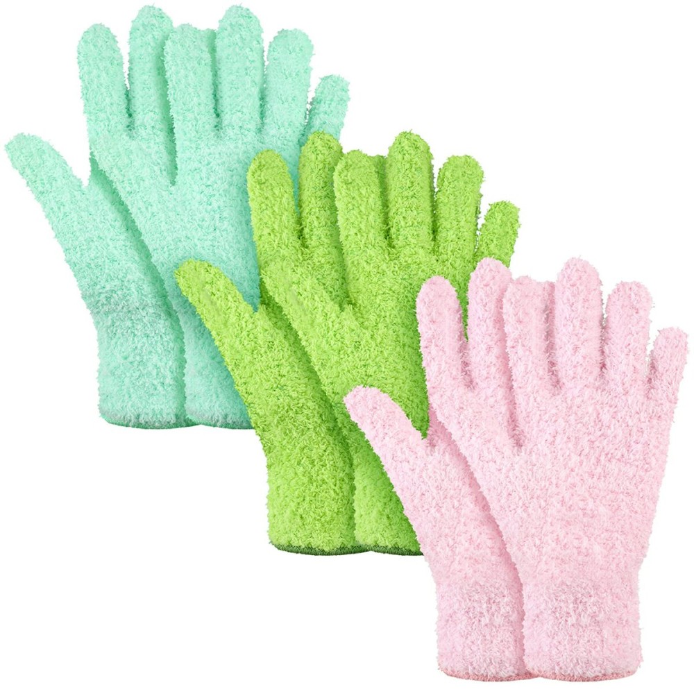 Patelai 3 Pairs Microfiber Plant Dusting Gloves Leaf Cleaning Gloves for Indoor Plants, Blinds, Furniture, House (Small,Green Yellow, Water Blue, Pink)