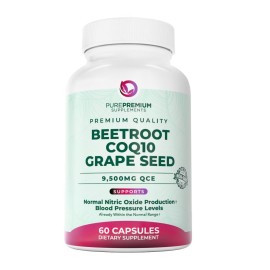 PurePremium Beet Root Capsules - 3-in-1 Blood Pressure Supplements with Beets, CoQ10 & Grapeseed - Beetroot Capsules Nitric Oxide Supplement for Normal Heart Health & Circulation Health - 60ct