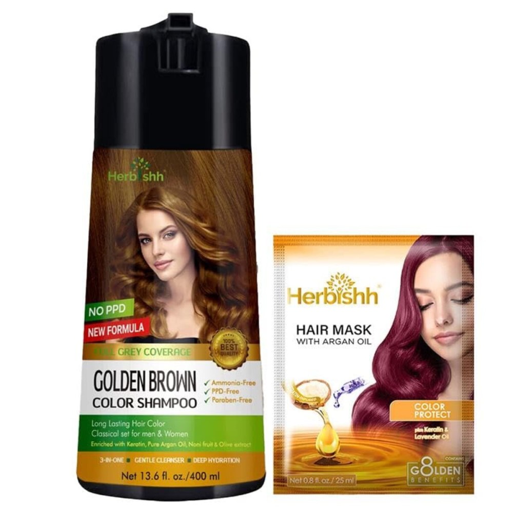Herbishh Golden Brown Hair Color Shampoo, 3-in-1 PPD-Free Hair Dye, 400ml with Argan Hair Mask