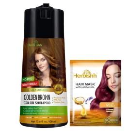 Herbishh Golden Brown Hair Color Shampoo, 3-in-1 PPD-Free Hair Dye, 400ml with Argan Hair Mask