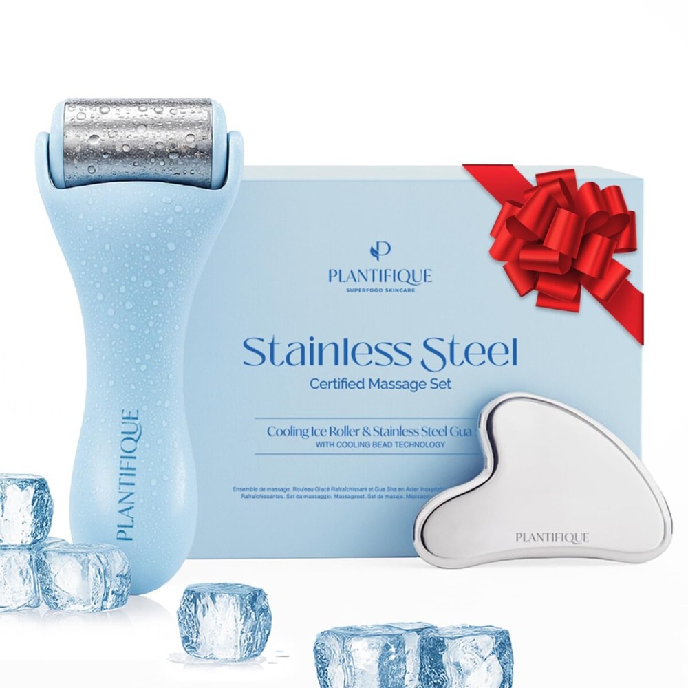 PLANTIFIQUE Facial Ice Roller and Stainless Steel Gua Sha Set - Cryotherapy Skin Care Massage Tools - Metal Massager Set for Puffy Face, Under Eyes and Body